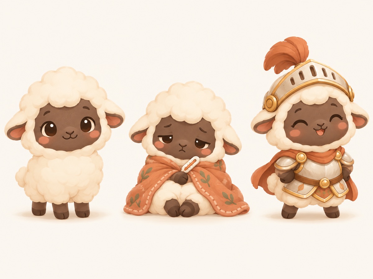 The lamb in three states: healthy, sick under a blanket with a thermometer, and wearing a small armour outfit