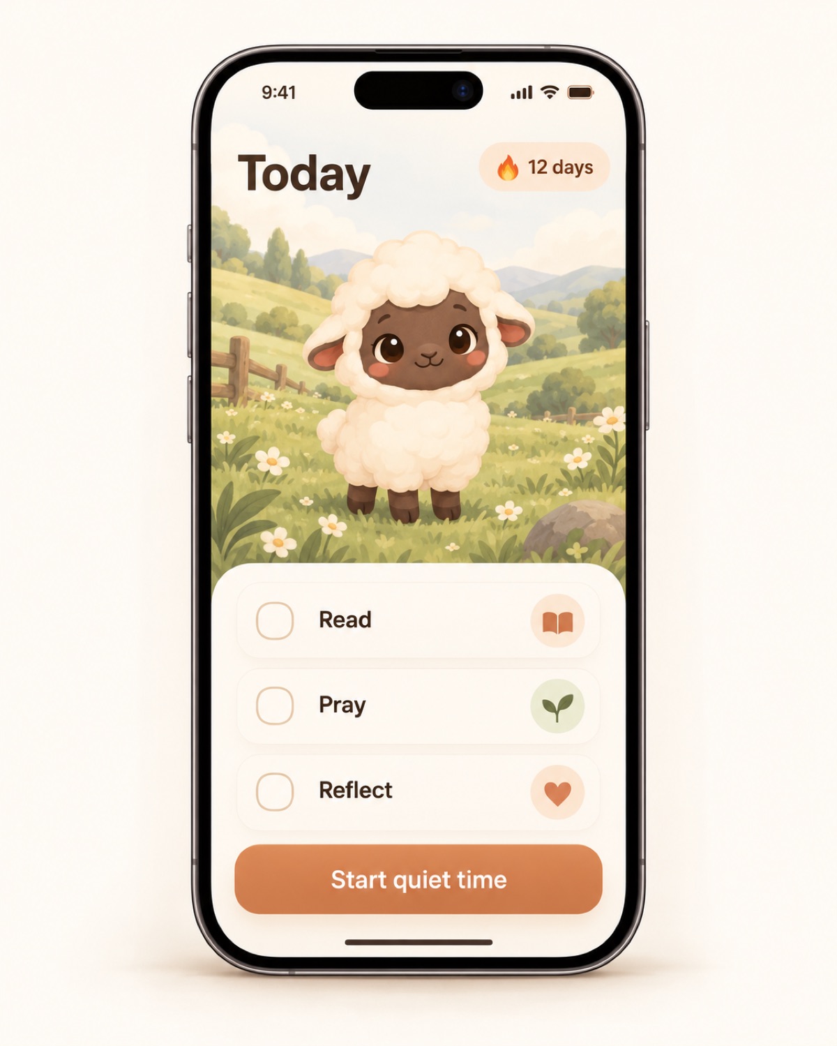Today screen with the lamb in a meadow, a Read, Pray, Reflect checklist and a 12-day streak