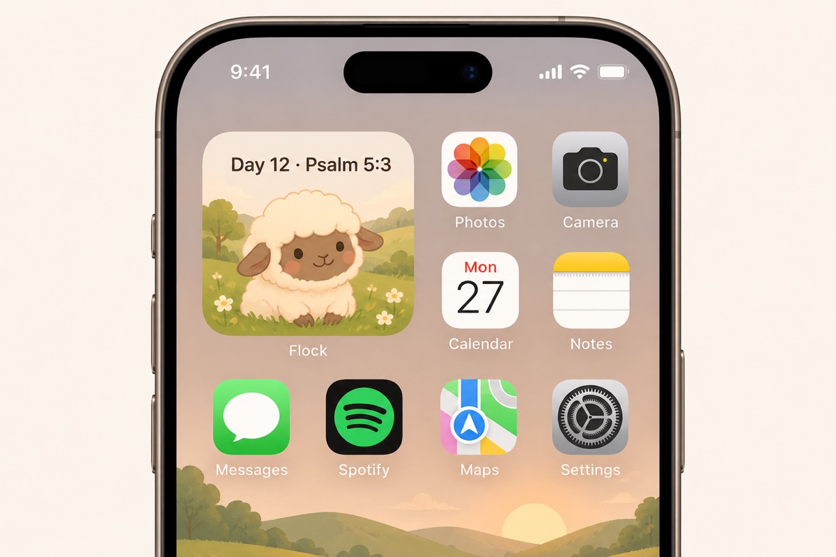 iPhone home screen with a Flock widget showing the lamb and Day 12, Psalm 5:3
