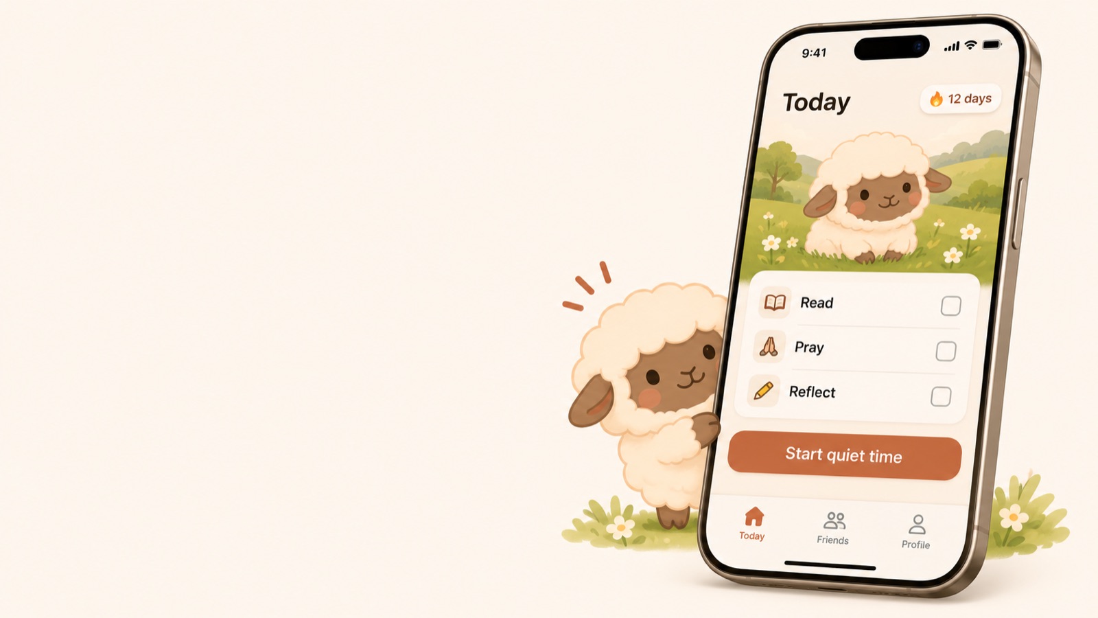 The Flock app's Today screen on an iPhone, with a fluffy lamb peeking out from behind the phone